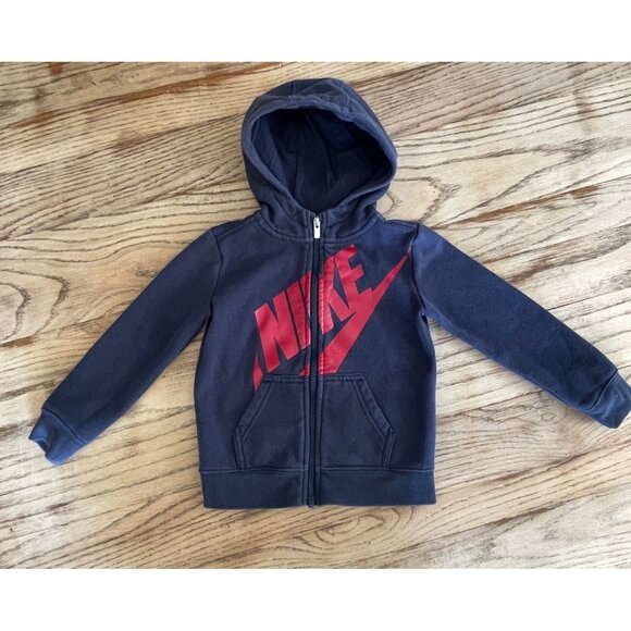Y2K Nike Full Zip Hoodie Jacket Kids 3T Navy with Red Large Spellout Logo - Picture 1 of 5